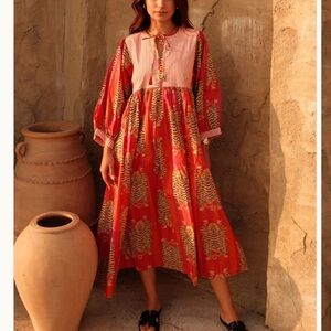 Pink Sundress with Bishop Sleeves and Crew Neck